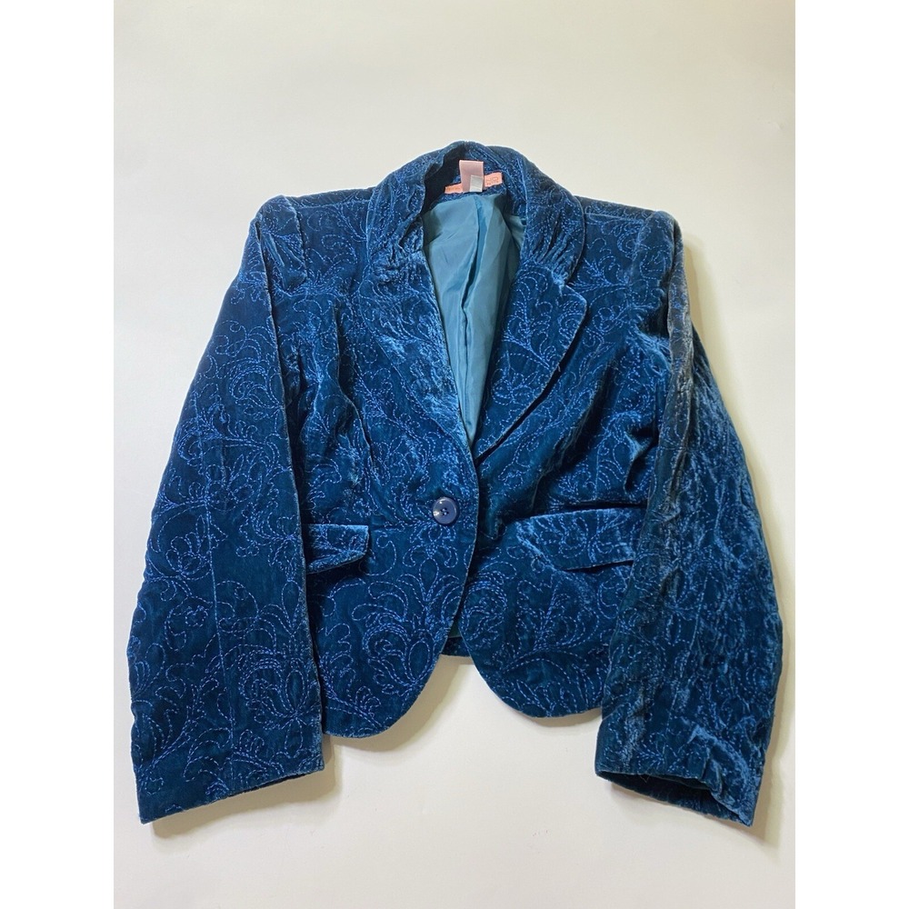 Bandolino Blazer‎ Jacket Women Petite 12P One Button Blue Paisley Velvet Quilted